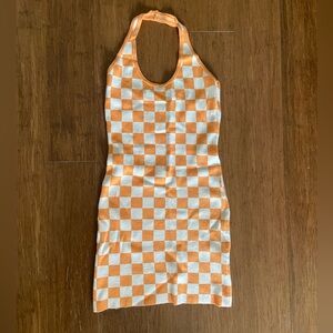 orange and white checker print mini halter dress